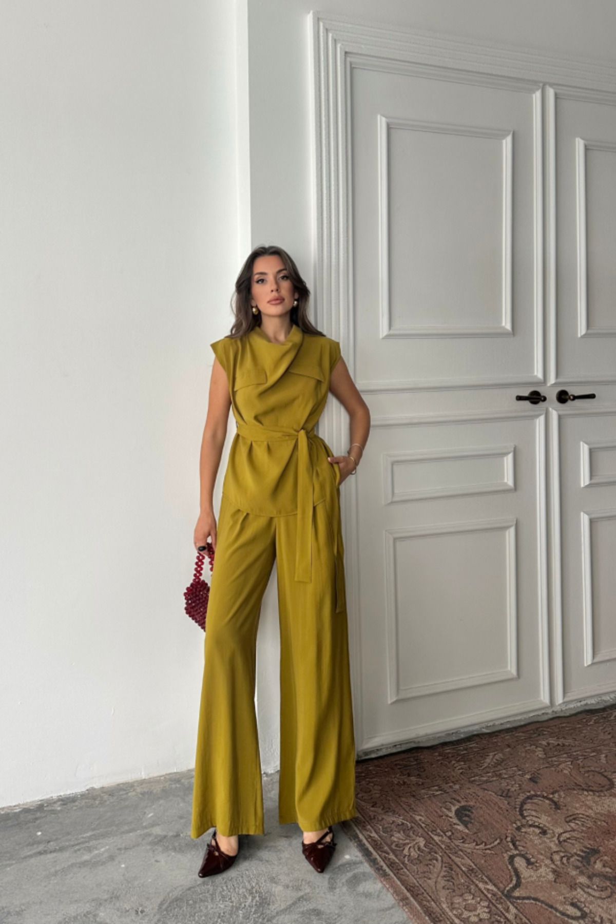 velmorafashion MODAL KOLSUZ BLUZ KAPALI CEP DETAYLI DÖKÜMLÜ - PANTOLON TAKIM - Yağ Yeşili