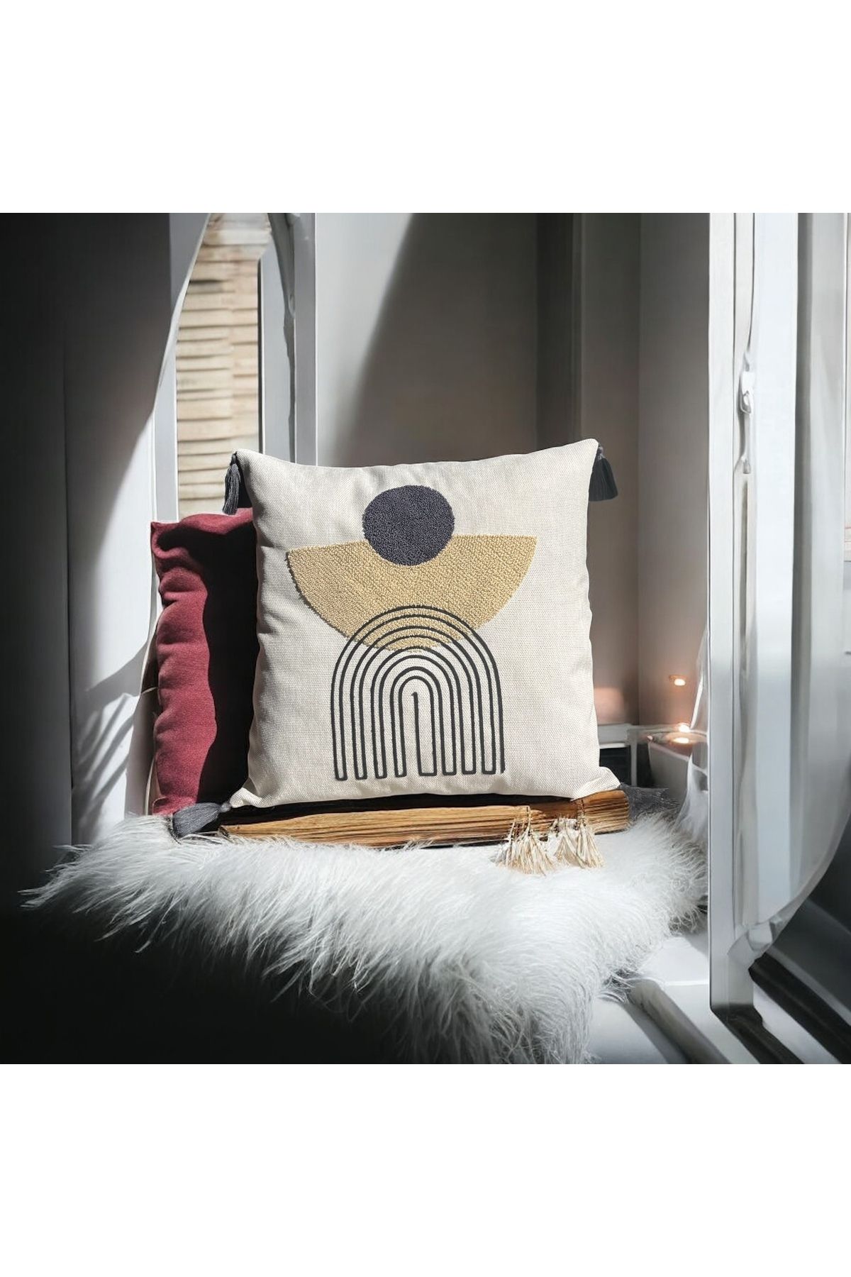 Havenleaf Punch İşlemeli Desenli Kırlent Kılıfı – 43x43 cm, Keten Pamuk