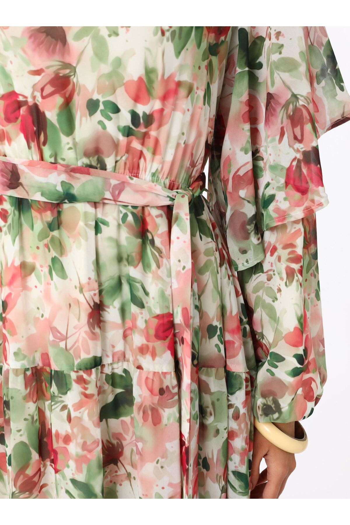 Refka-Rochie musulmană din șifon cu modele florale cu detaliu cu volane - roz - Refka 6