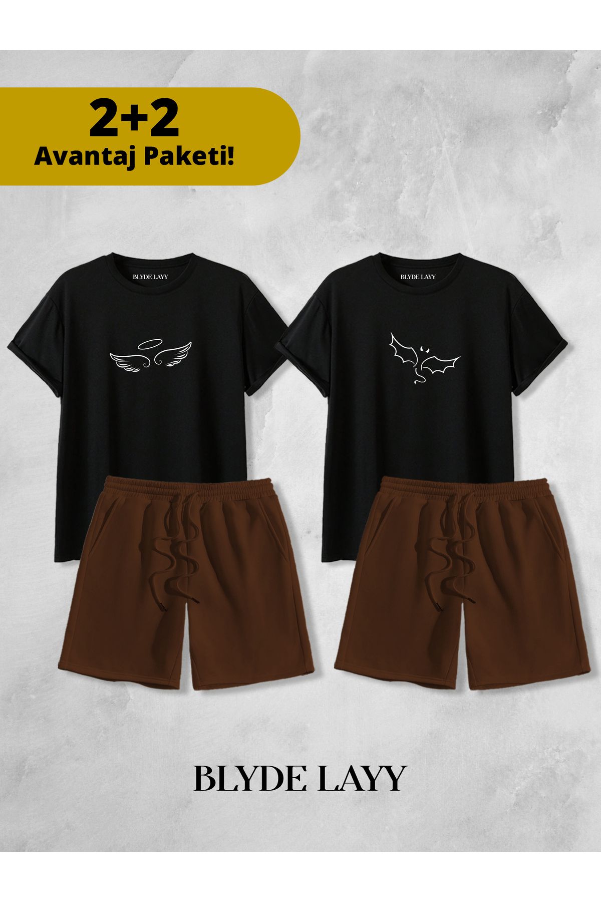BLYDE LAYY Melek-Şeytan Baskılı Unisex 2'li Sevgili Çift Kombini (2 Şort - 2 T-shirt Takımı Avantaj Paketi)