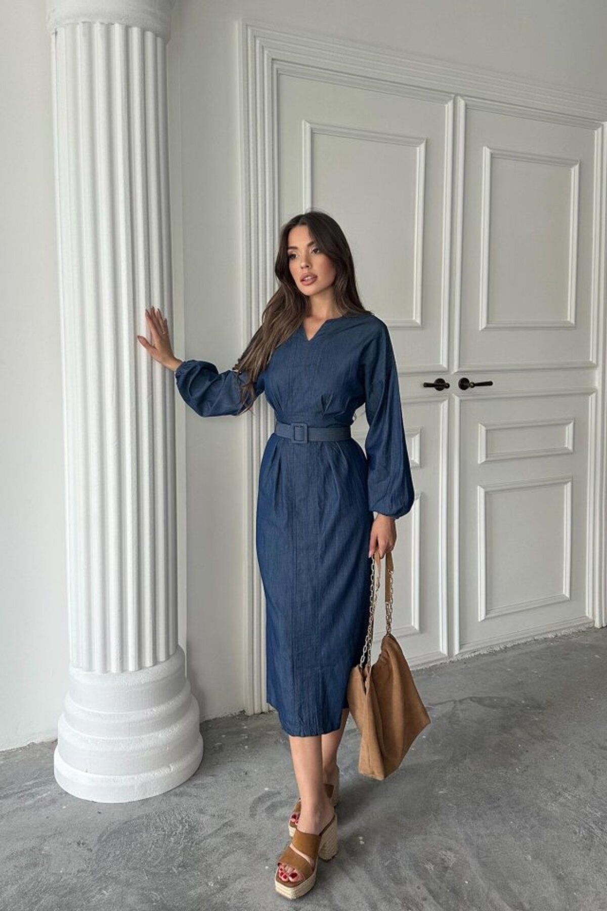 velmorafashion Mavi Uzun Kollu Elbise