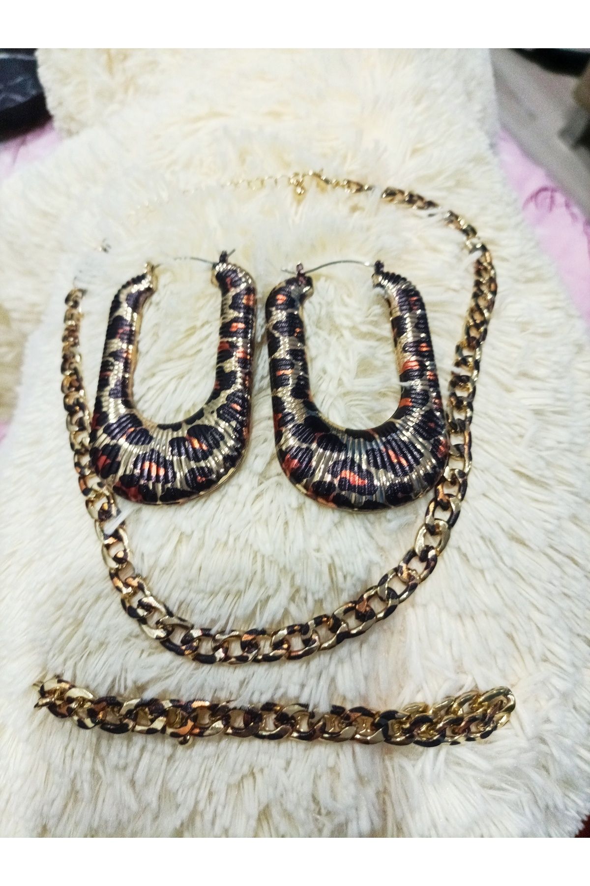 Redhead Leopar Desen Şık Kolye Küpe Bileklik Set