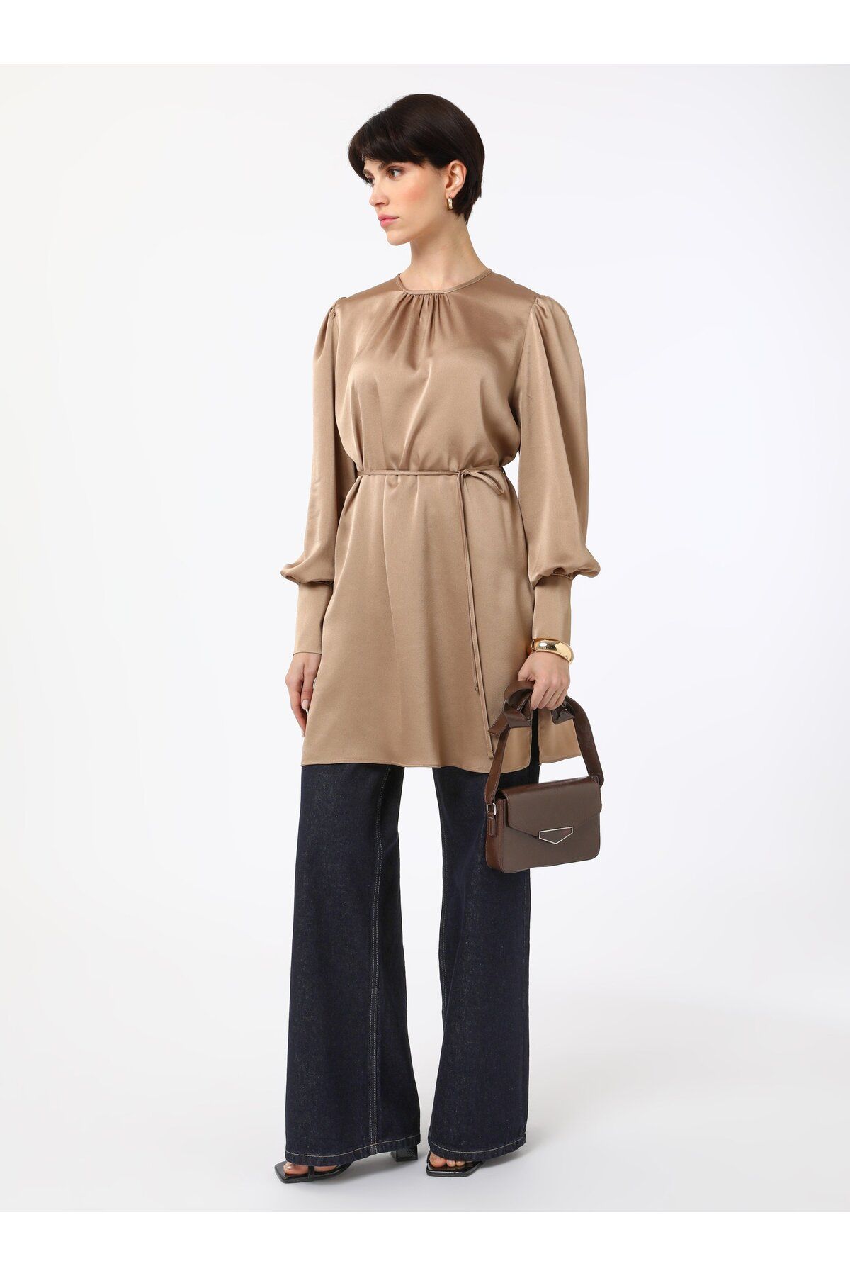 Refka Bağlama Detaylı Saten Tunik - Natural - Refka