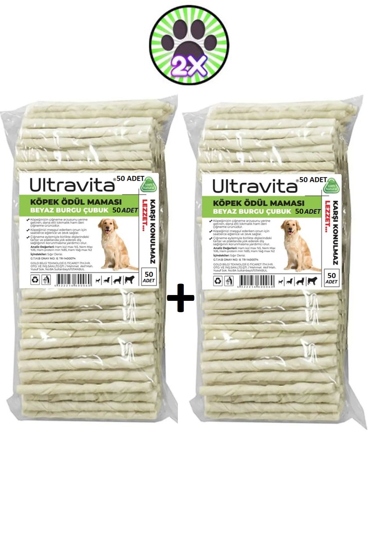 ULTRAVİTA Beyaz Burgu Çubuk Köpek Ödül Kemiği Maması %100 Doğal Lezzet 50'li Mega 2'li Paket 600 Gr