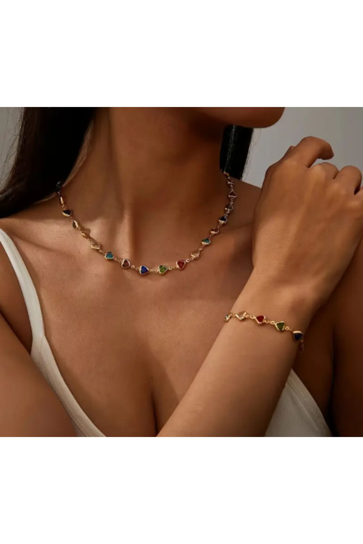 SE Jewellery Collection Selin Ersoy Kadın Renkli Kalpli Taşlı Kolye ve Bileklik Seti
