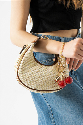 Night Miela Model Hasır Acı Kahve Charm Hediyeli Kadın El Ve Omuz Çantası
