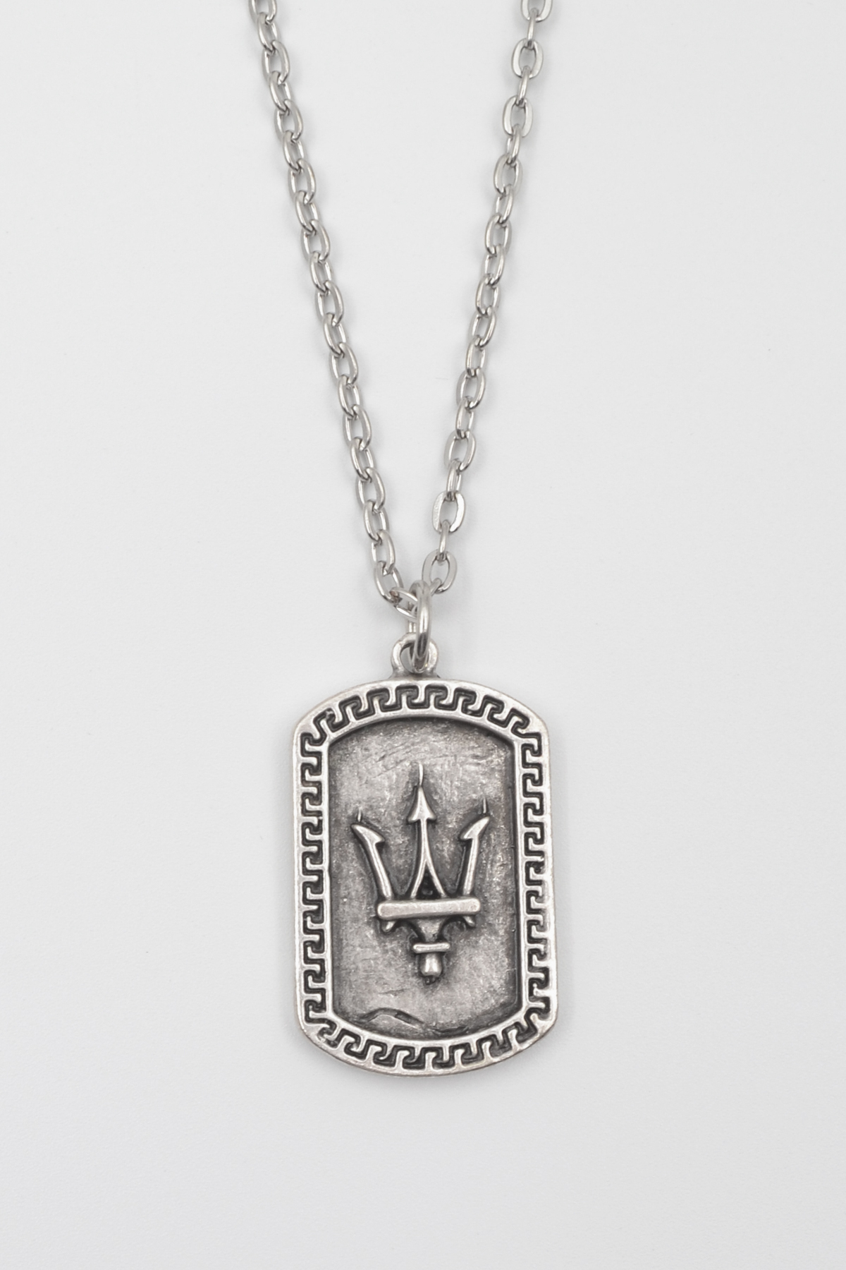 Poseidon Spear Dog Tag Necklace - Flat Crush Imported Chain Unisex Silver Plated - 60 cm