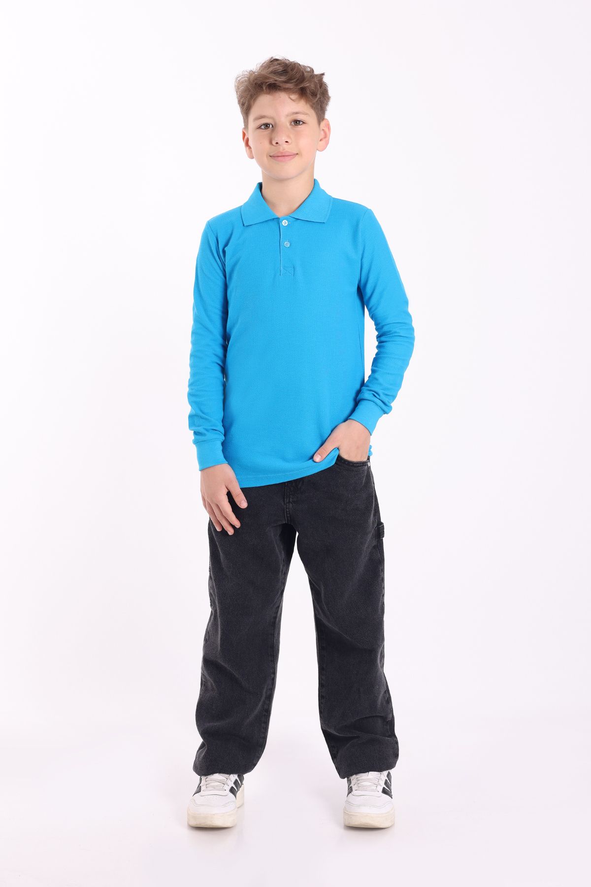 Re&Gi Rekor Unisex Çocuk Polo Yaka Okul Tişört Basic Uzun Kollu T-shirt 5-16 Yaş Turkuaz