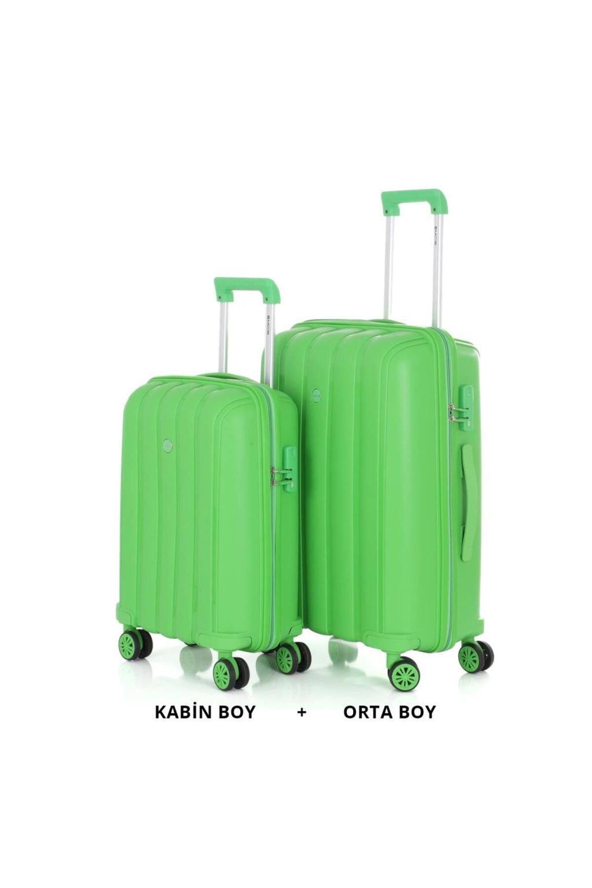 MÇS Bavul Orta ve Kabin 2li Set Kırılmaz Silikon Valiz V305 FıstıkYeşil