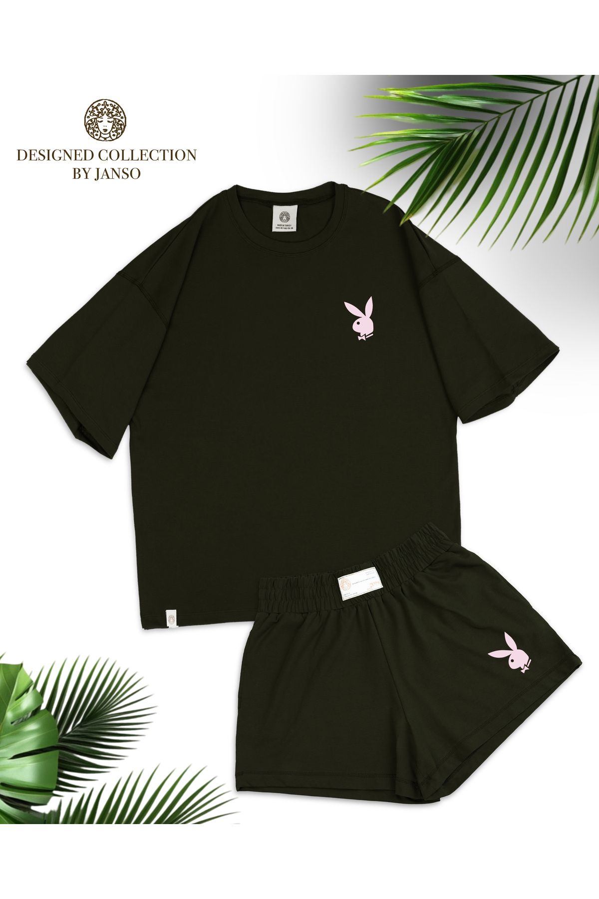 JANSO GROUP -KADIN TAVŞAN BASKILI TSHIRT-ŞORT TAKIMI 2Lİ OVERSİZE BÜYÜK BEDEN PAMUKLU