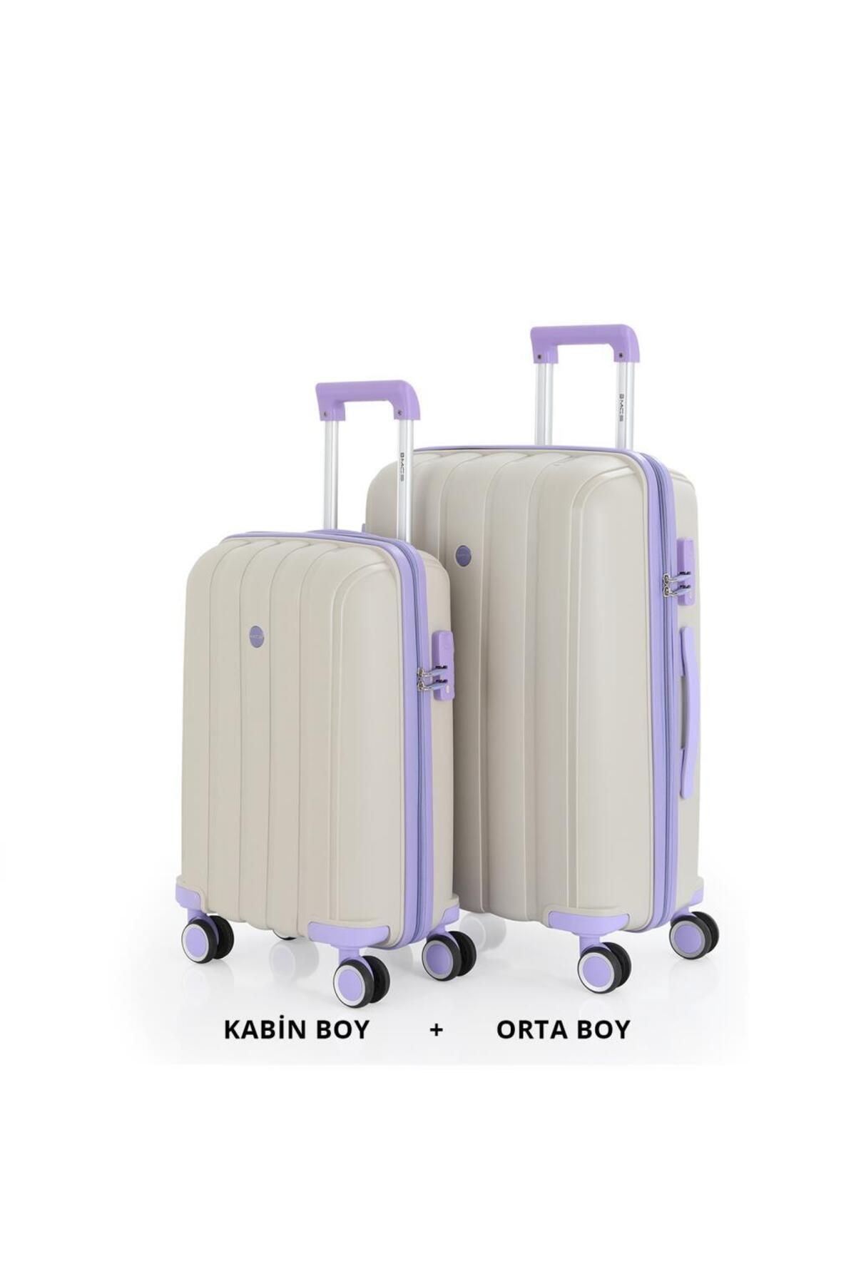 MÇS Bavul Orta ve Kabin 2li Set Kırılmaz Silikon Valiz V305 Kemik/Lila