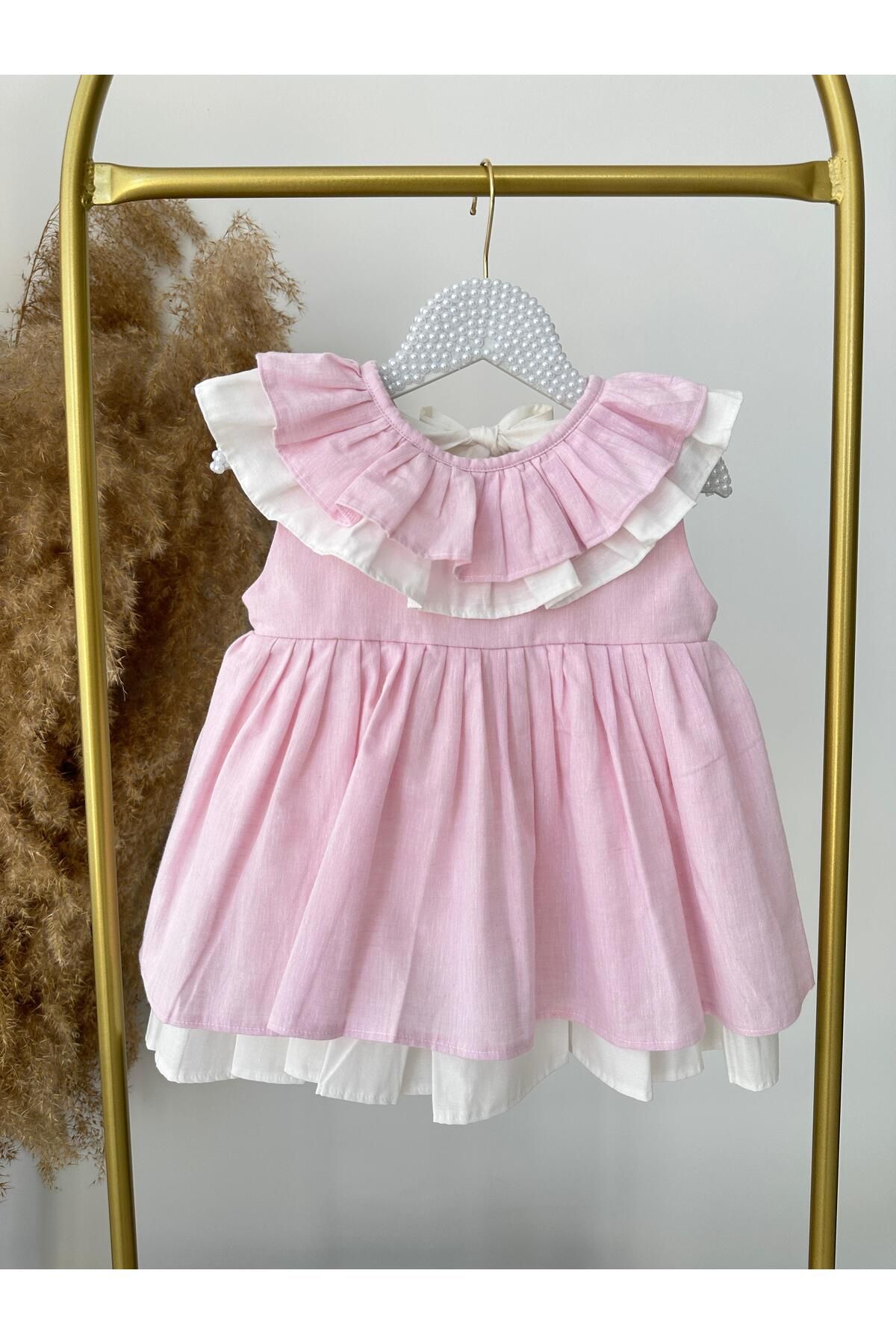 Hobidik Kız Çocuk Pembe Keten Poplin Arkası Bağlamalı Fırfırlı Elbise