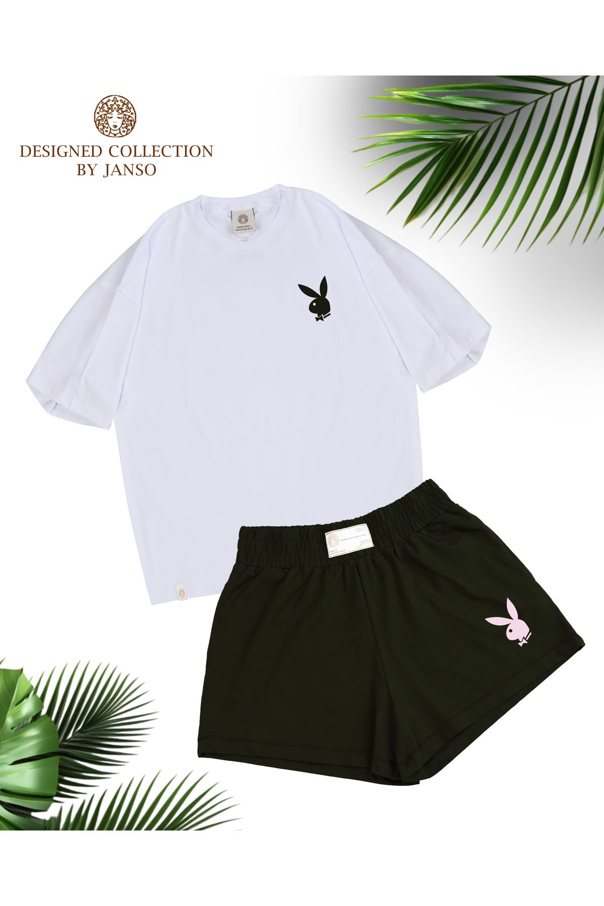 JANSO GROUP -KADIN TAVŞAN BASKILI TSHIRT-ŞORT TAKIMI 2Lİ OVERSİZE BÜYÜK BEDEN PAMUKLU