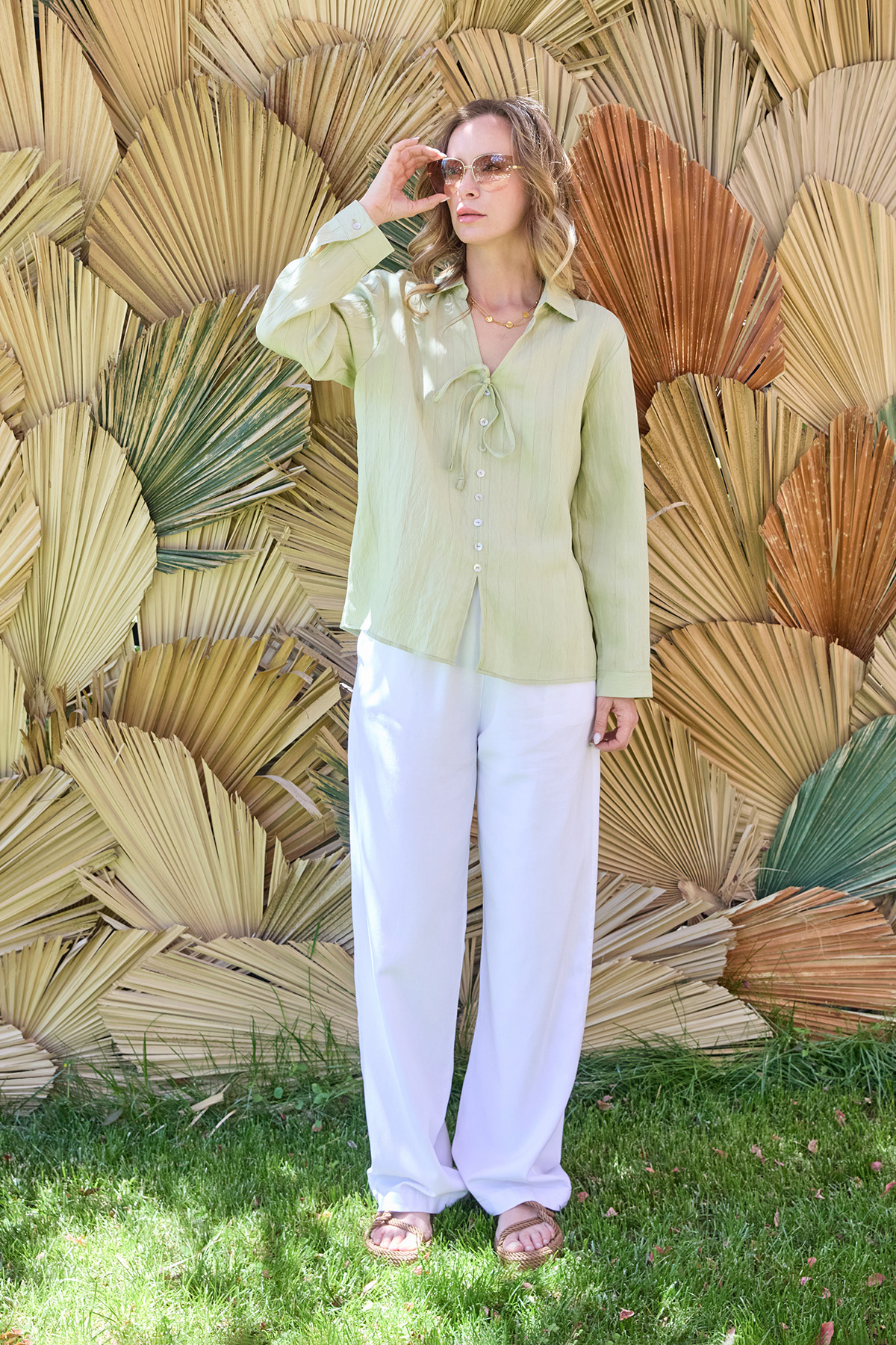 Fullamoda  Önü Bağlamalı Düğmeli Salaş Gömlek - Görsel 2