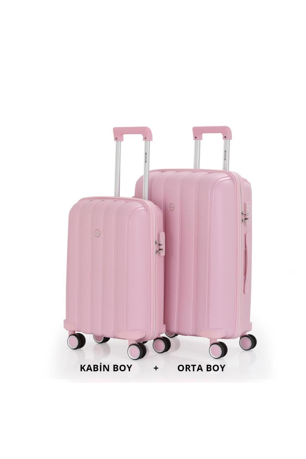MÇS Bavul Orta ve Kabin 2li Set Kırılmaz Silikon Valiz V305 Pudra