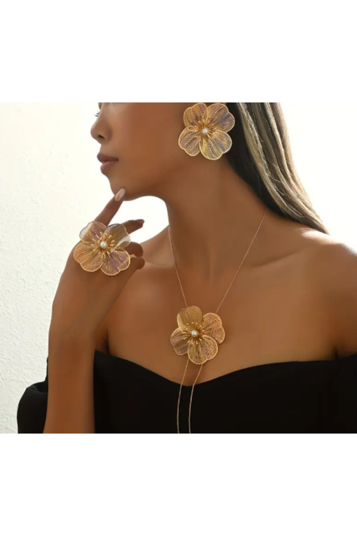 SE Jewellery Collection Selin Ersoy Kadın Gold Çiçek Model Takı Seti – Kolye, Küpe, Yüzük Üçlü Kombin