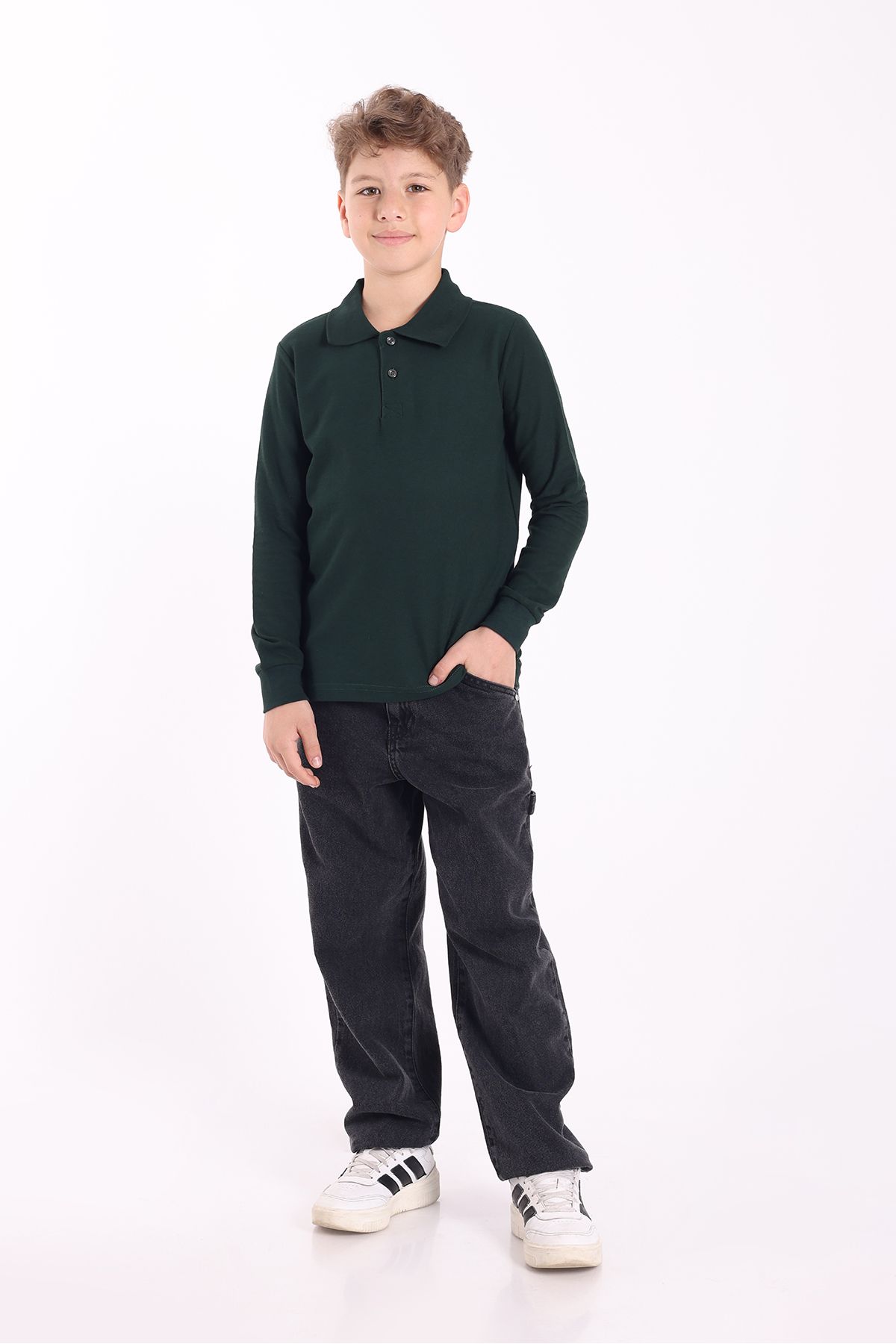 Re&Gi Rekor Unisex Çocuk Polo Yaka Okul Tişört Basic Uzun Kollu T-shirt 5-16 Yaş Nefti
