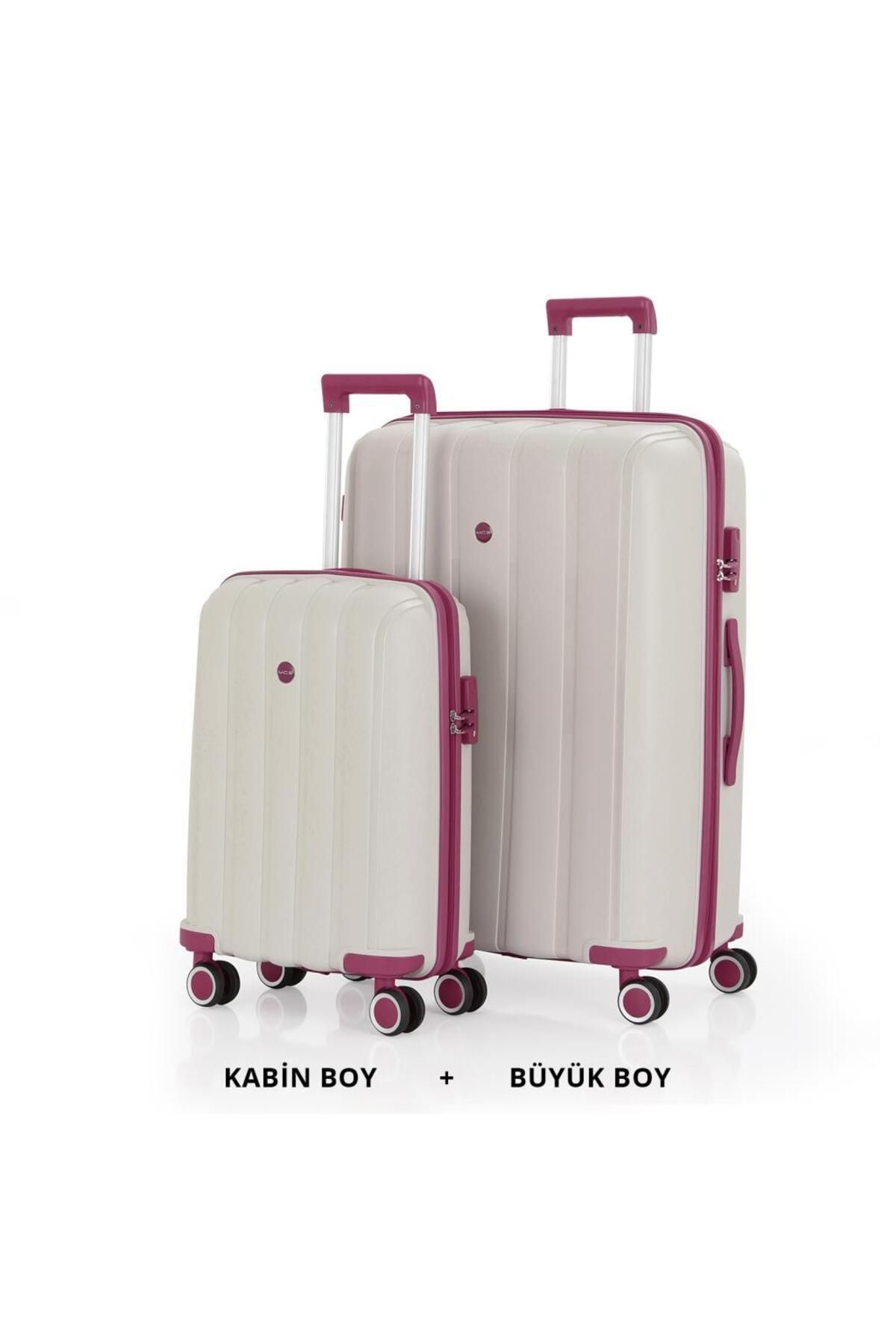MÇS Bavul Büyük ve Kabin 2li Set Kırılmaz Silikon Valiz V305 Kemik/Mürdüm