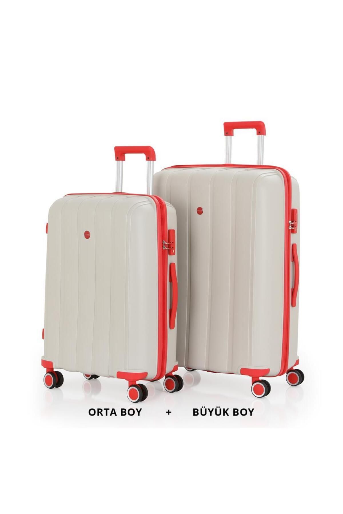 MÇS Bavul Büyük ve Orta 2li Set Kırılmaz Silikon Valiz V305 Kemik/Mercan