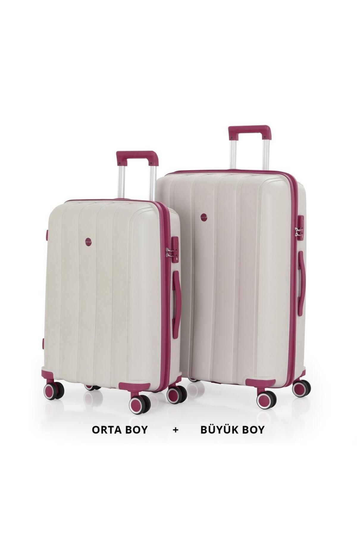 MÇS Bavul Büyük ve Orta 2li Set Kırılmaz Silikon Valiz V305 Kemik/Mürdüm
