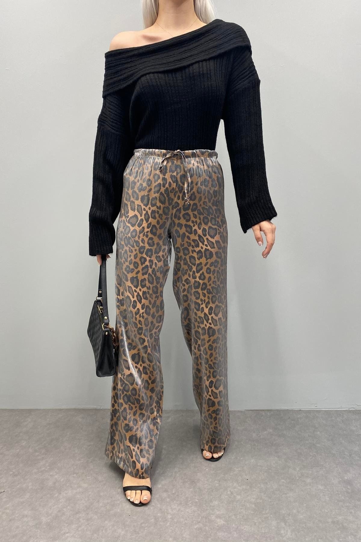 ELLA'S Parlak Saten Beli Lastikli Leopar Pantolon