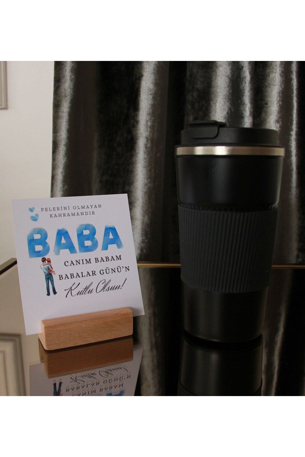 HEDİYEBİZİZ Babalar Günü'ne Özel Paslanmaz Çelik Siyah Termos 450 ml - Gift Kart ve Ahşap Notluk