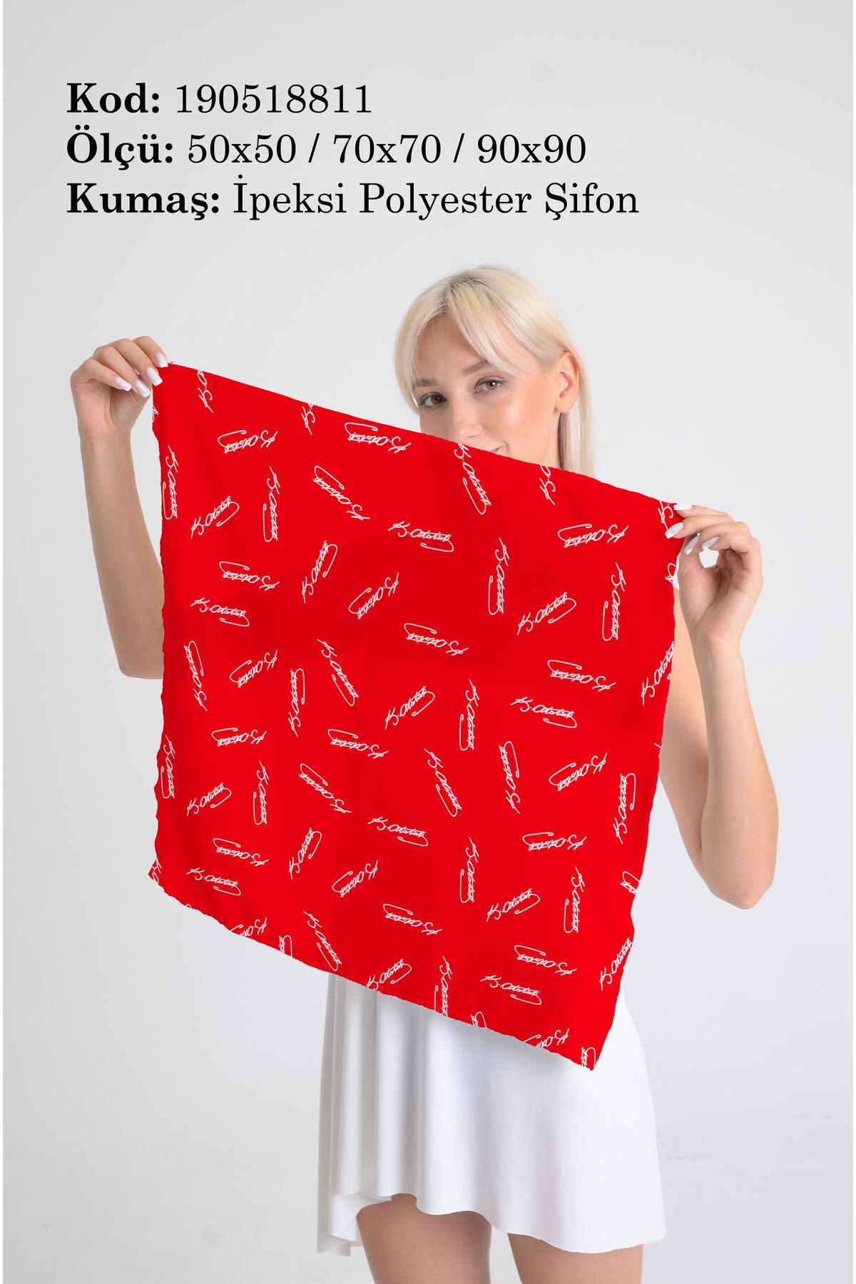 DESENİX ATATÜRK imzalı İpeksi Şifon Fular - 50x50, 70x70, 90x90 cm Kırmızı, Siyah, Mavi, Beyaz