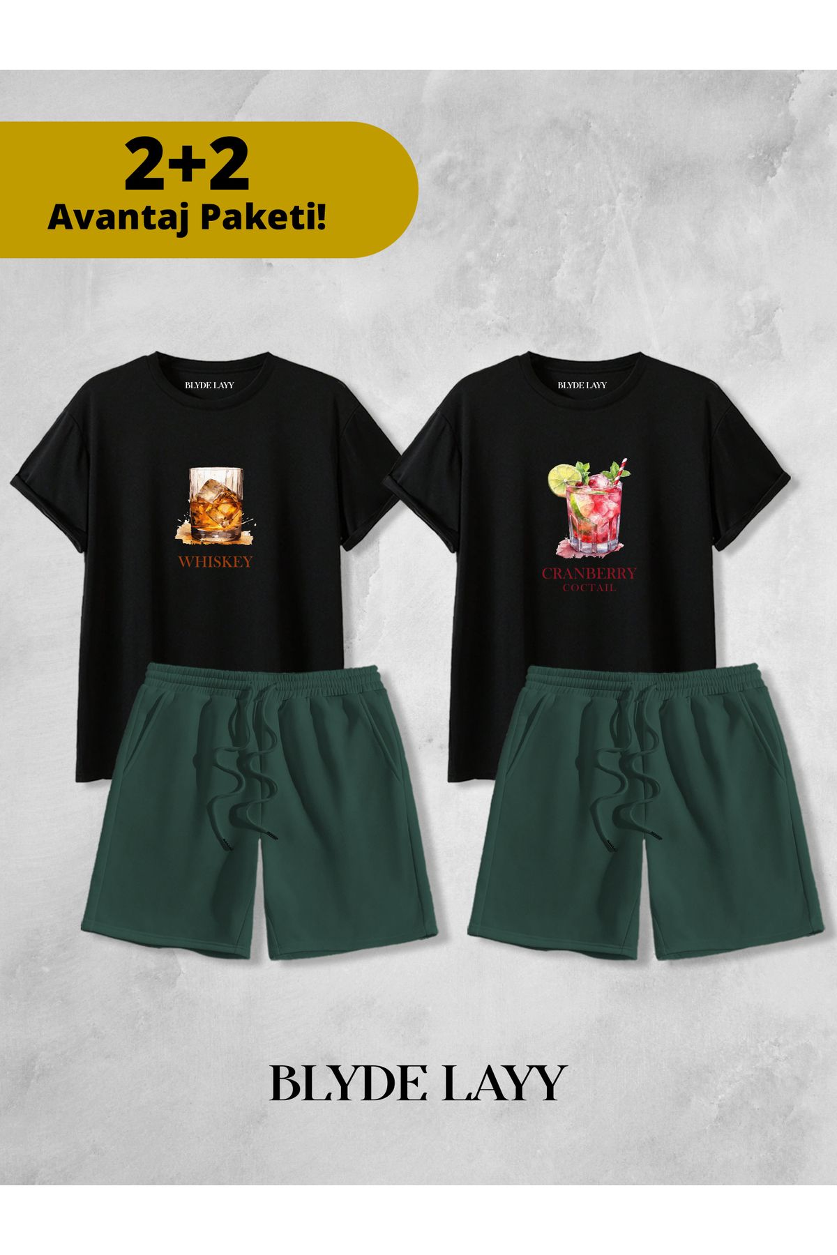 BLYDE LAYY Whıskey-Coctail Baskılı Unisex 2'li Sevgili Çift Kombini (2 Şort - 2 T-shirt Takımı Avantaj Paketi)