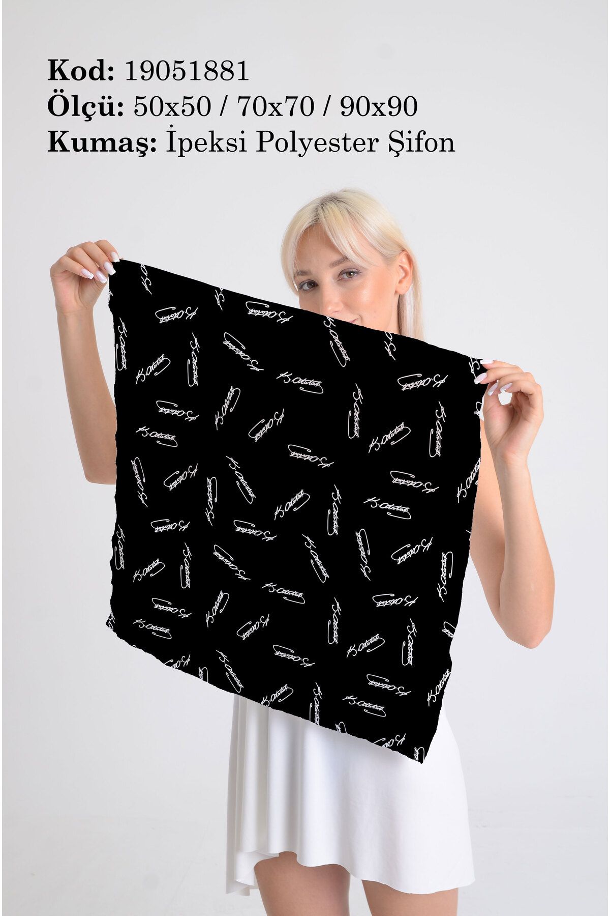 DESENİX ATATÜRK imzalı İpeksi Şifon Fular - 50x50, 70x70, 90x90 cm Kırmızı, Siyah, Mavi, Beyaz