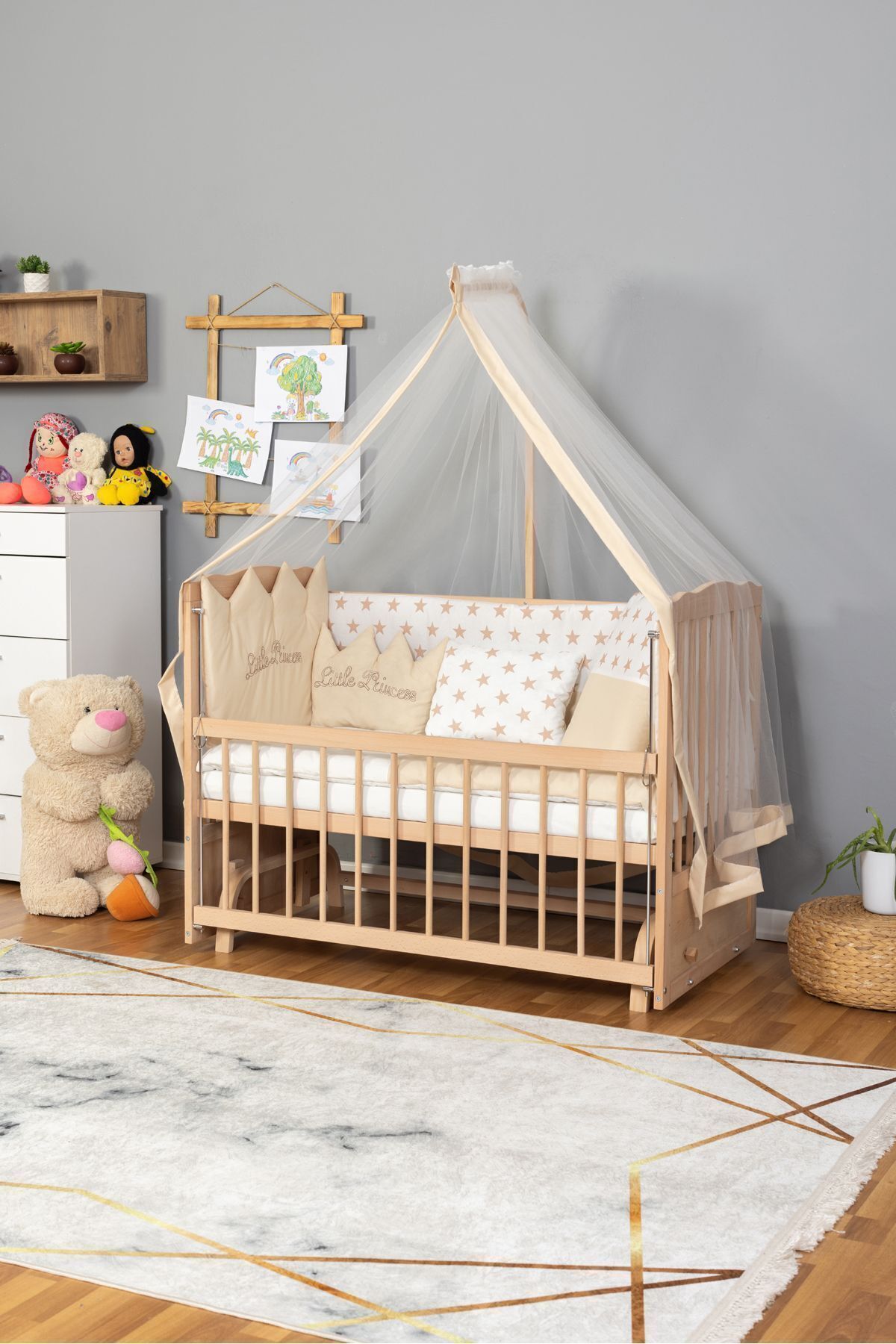 Bamgidoo Anne Yanı Bebek Beşik - Ahşap Beşik - Yeni Doğan Beşik 60x120 - Krem Prenses (KIZ) Uyku Seti Yatak