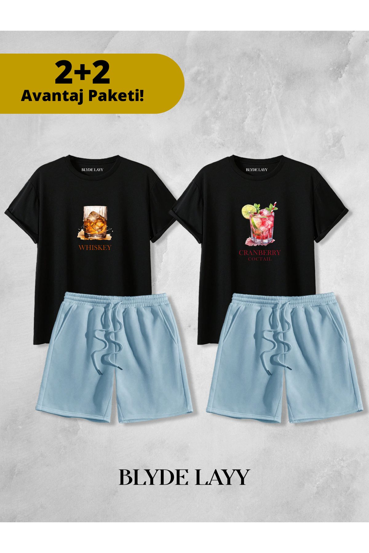 BLYDE LAYY Whıskey-Coctail Baskılı Unisex 2'li Sevgili Çift Kombini (2 Şort - 2 T-shirt Takımı Avantaj Paketi)