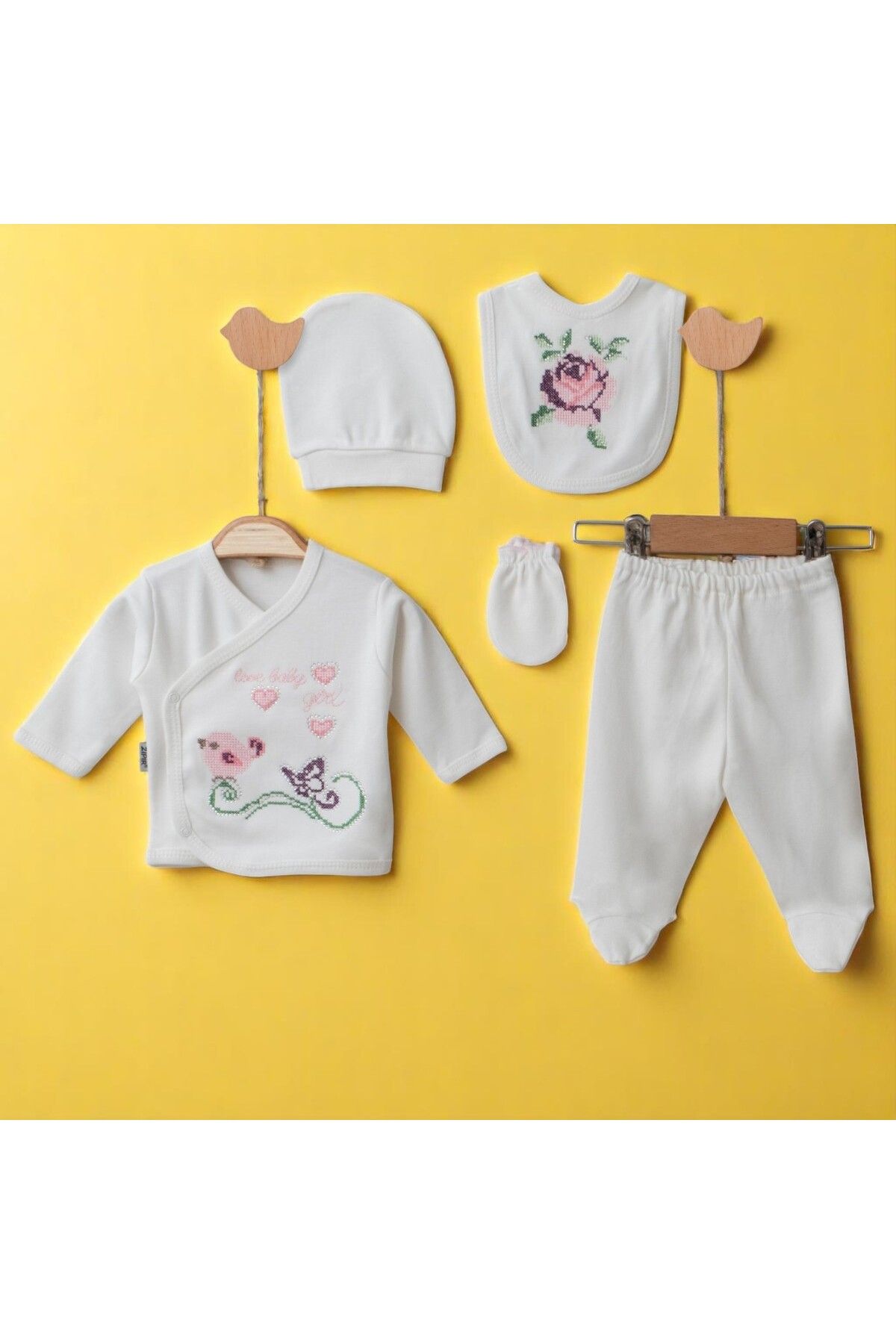 MİLAYS LİFE HOME COLLECTİON yenidoğan kız bebek 5 li hastane çıkışı önlüklü gül kanaviçe zıbın takımı %100 pamuk