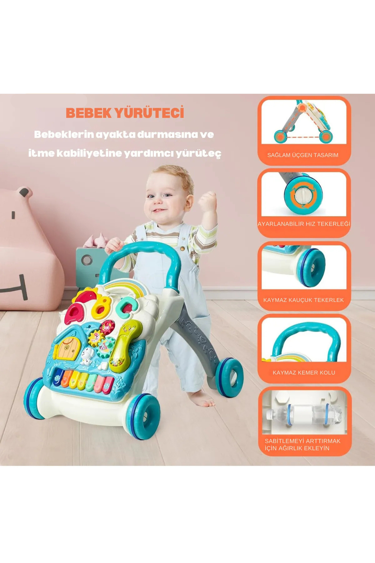 kosetoys Sesli Işıklı Piyanolu Yürüteç Aktivite Oyun Masası 4 in 1 MAVİ fotoğrafı 3 (önizleme)