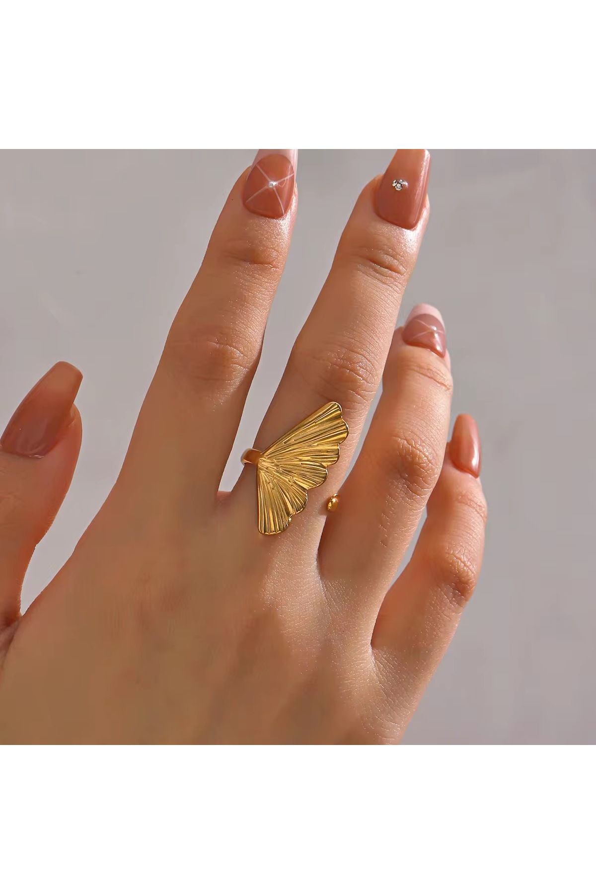 Siya Silver Kararmaz Çelik Manşet Yaprak Model Gold Renk Ayarlanabilir Kadın Yüzük