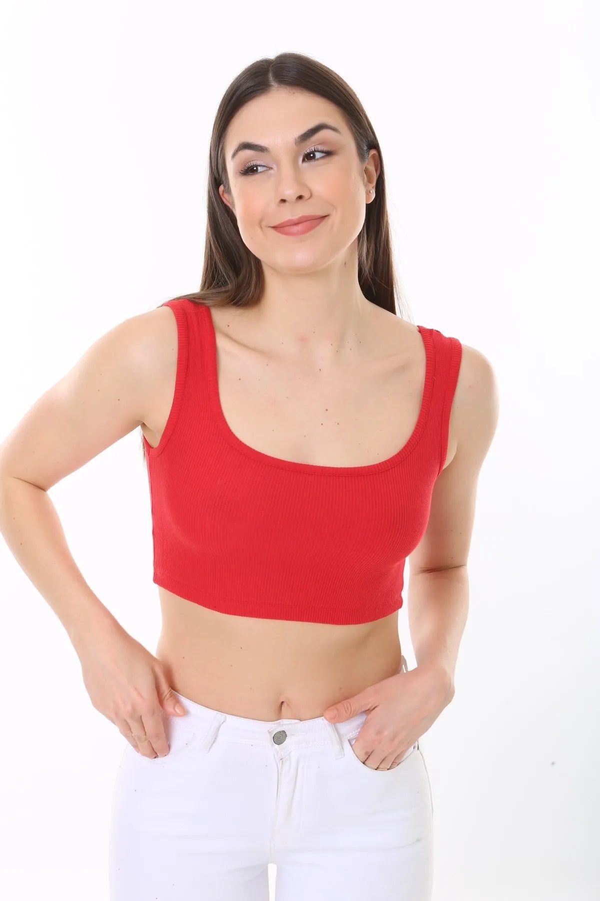 Trendy Butik Kadın Askılı Fitilli Crop Örme Badi -Kırmızı