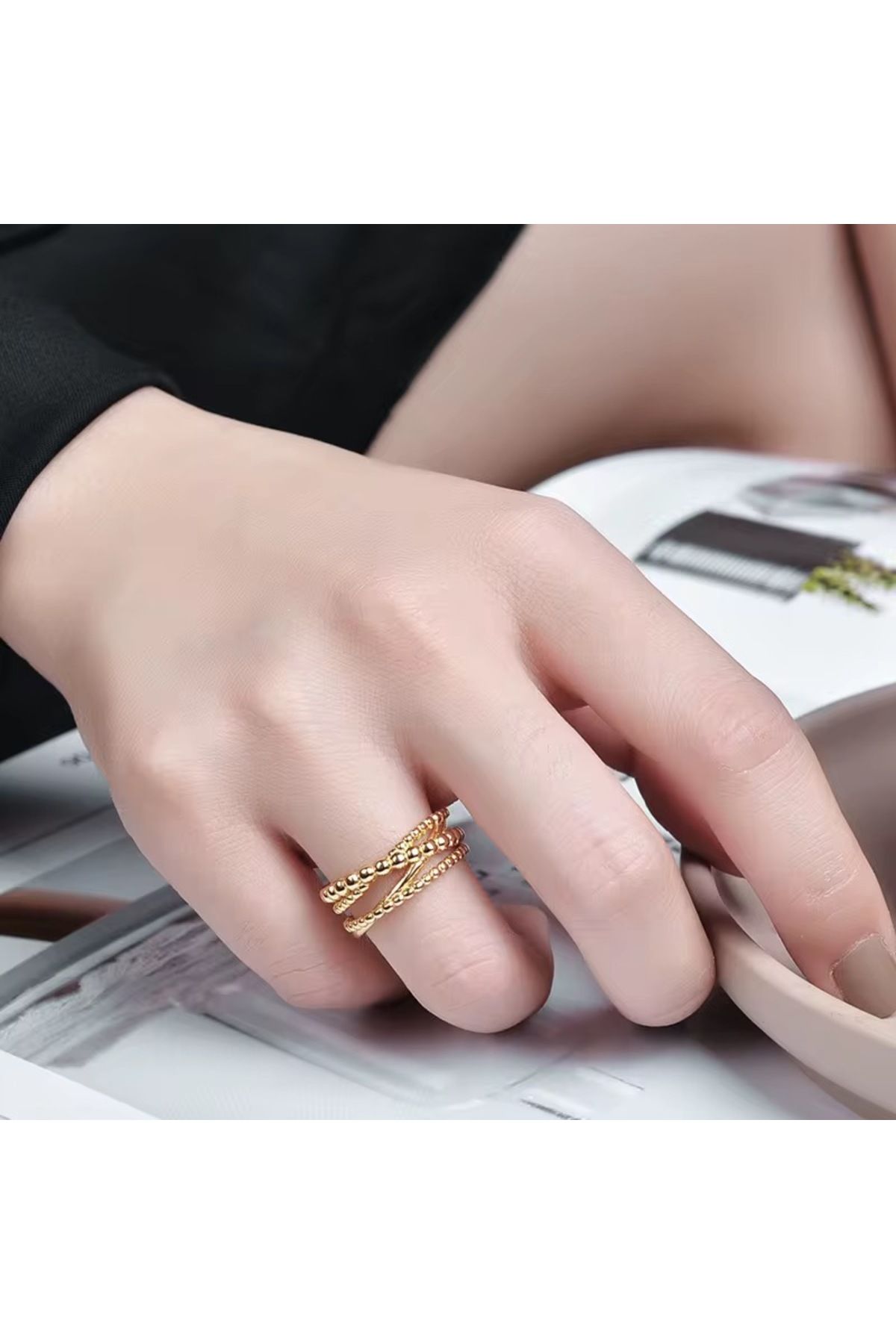Siya Silver Kararmaz Çelik Çaprak Topçuklu Model Gold Renk Ayarlanabilir Kadın Yüzük