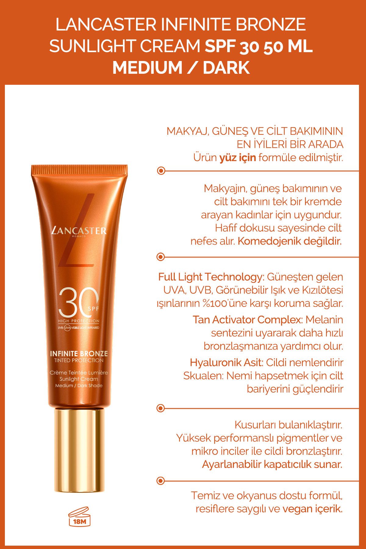 Lancaster Bronz Bir Cilt Görünümü Oluşturup Kusurları Kapatıcı Spf30 Renkli Güneş Koruyucu 50ml Medium Dark