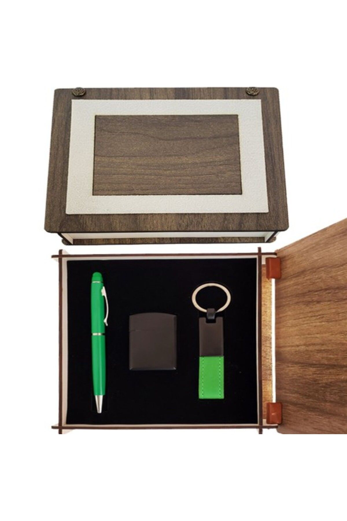 BellevieStore Özel Ahşap Kutulu Yeşil Anahtarlık Kalem ve Çakmak Set