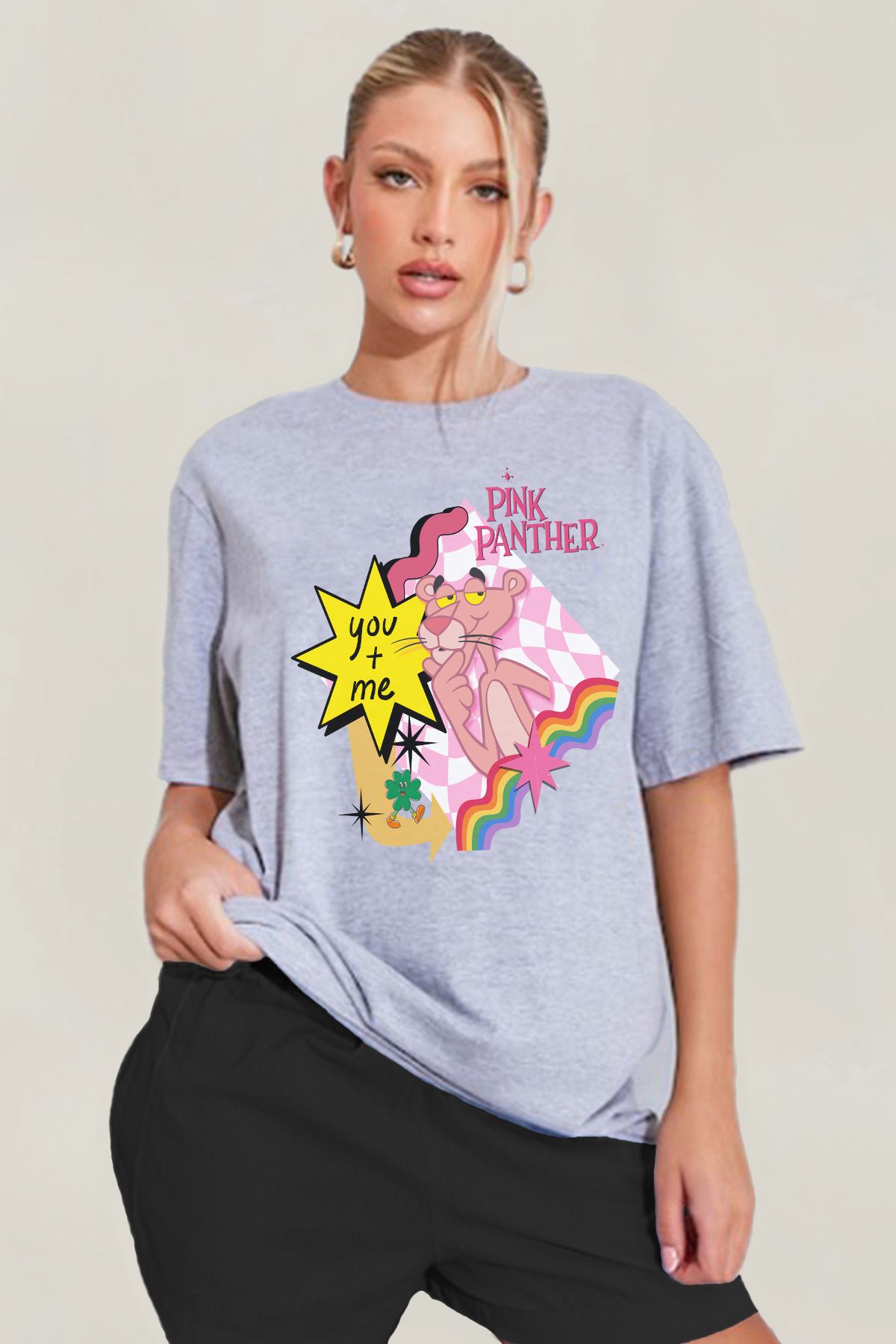 MODA Pembe Panter Pink Panther Baskılı Oversize Kalıp Grimelanj Geniş Bol Kesim Kadın Tişört