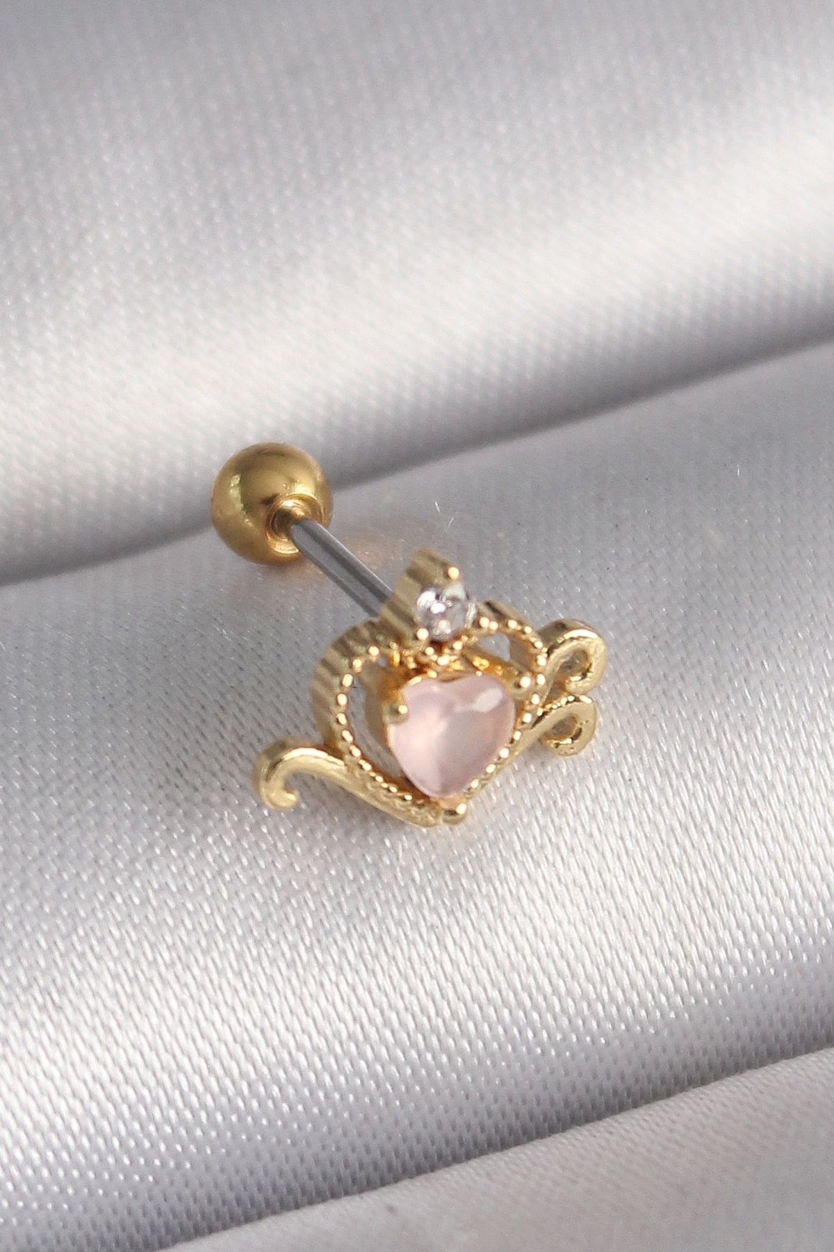 STOREMAX 316L Çelik Gold Renk Pembe Mineli Kalp Zirkon Taş Detay Tragus Piercing