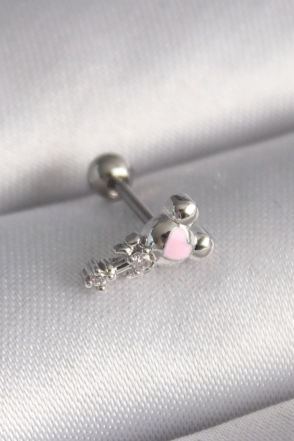 STOREMAX 316L Çelik Gümüş Renk Zirkon Taş Detay Pembe Kalp İşleme Tragus Piercing
