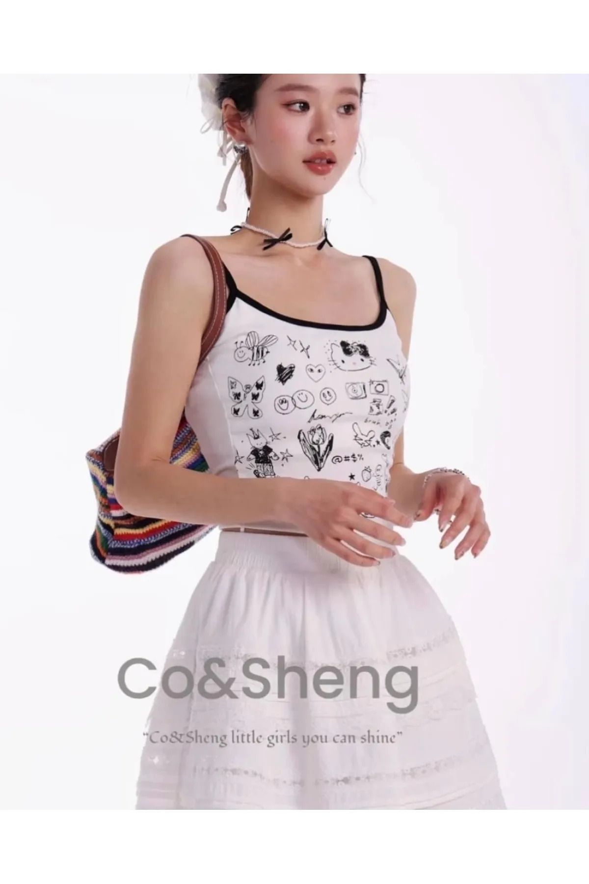 BİQ & TAQ BUTİK Cute Hello Cat Askılı Siyah Crop