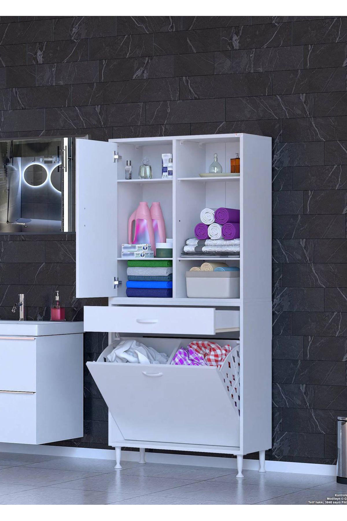 Modilayn 75x173x32,5cm 1 Çekmece, 2 Göz Sepet, 1 Kapak, 6 Göz Bölmeli Dar Alan Mutfak Dolabı Çok Amaçlı Dolap