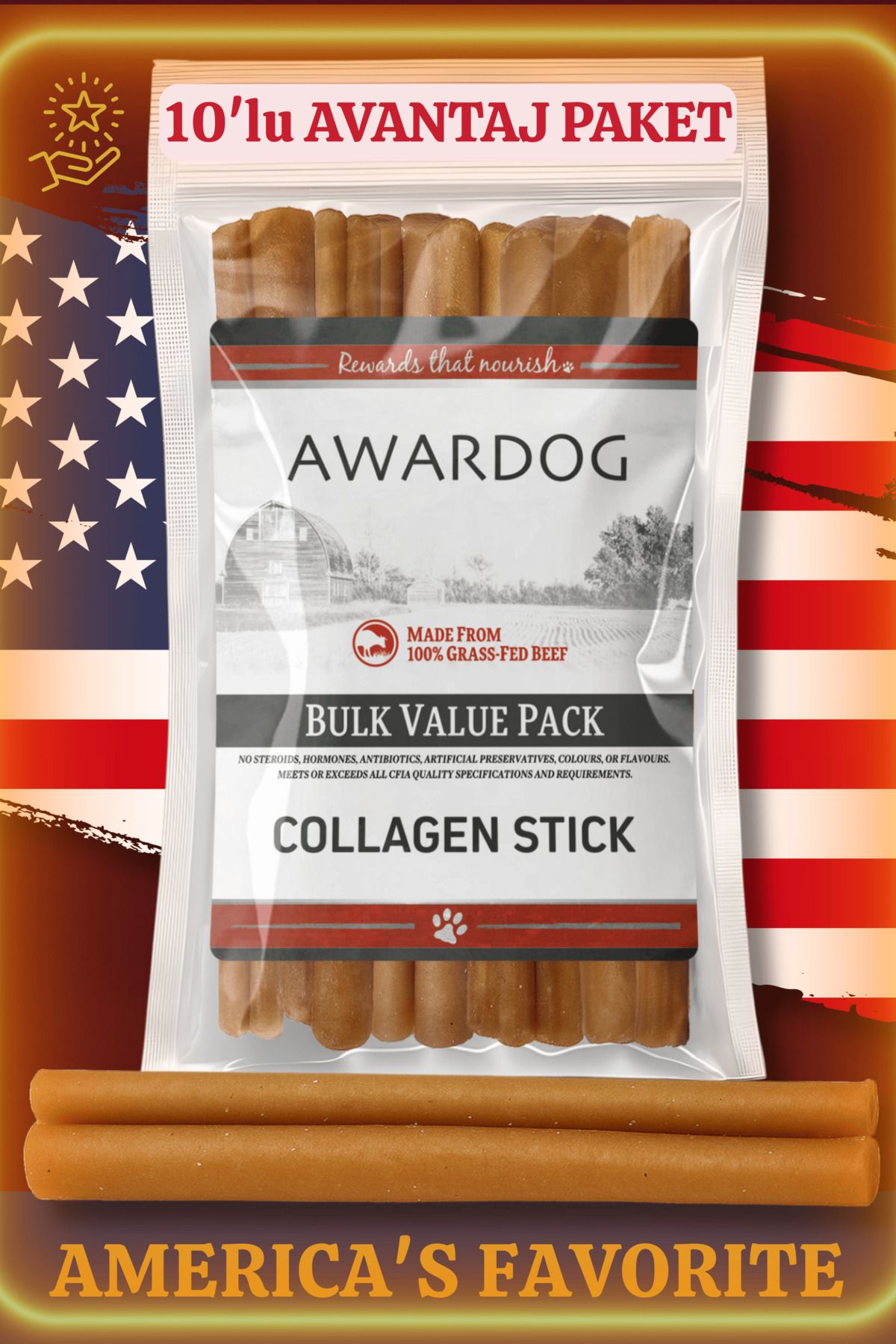 AWARDOG 15 Cm Standart Boy %100 Doğal Dana Kolajen Çubuk | Köpek Ödül Maması | AVANTAJ PAKET - 10 Adet