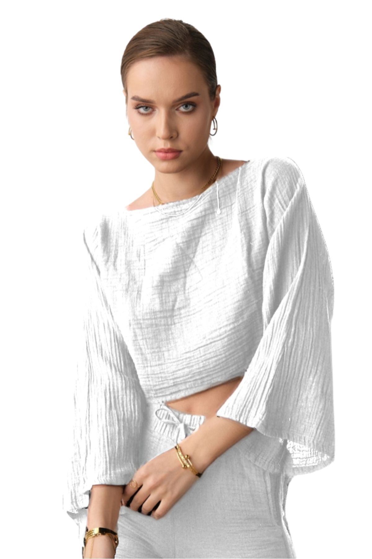 clavia Müslin Büstiyer, Tshirt İspanyol Kol Kayık Yaka %100 Pamuklu Yazlık Bluz, Crop Büstiyer