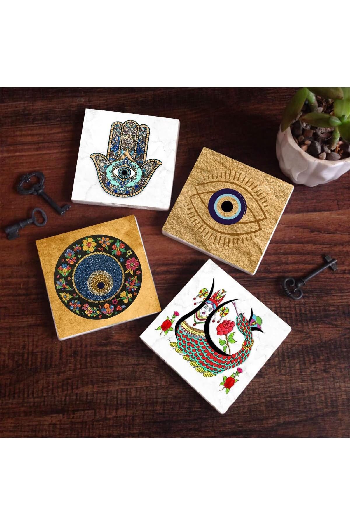 Mu Art Ahşap Mrt Nazar, Şahmeran, Fatma Ana Eli (Hamsa) Taş Bardak Altlığı Seti - 4 Parça - Dekoratif, Rust