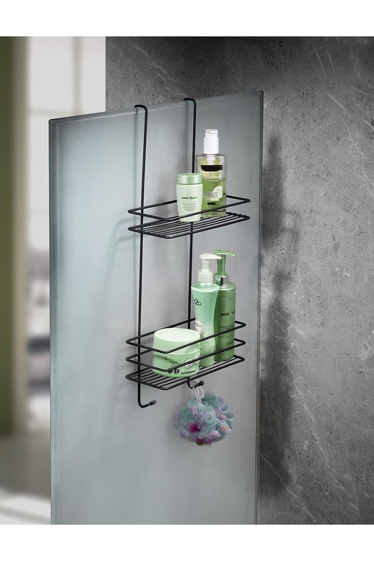 LUXE Paslanmaz 2 Katlı Askılı Banyo Duş Rafı Sabunluk Duşakabin Şampuanlık Siyah