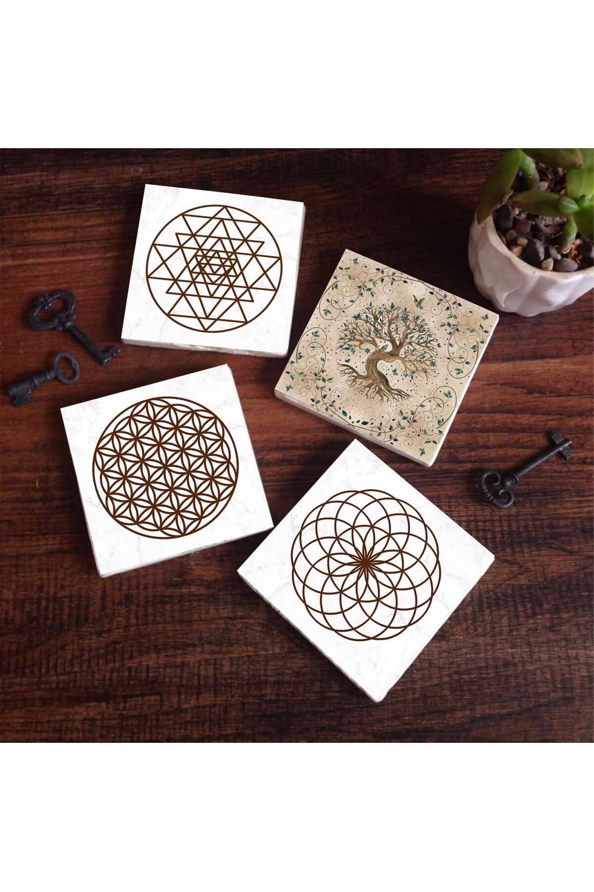 STOREMAX Yaşam Çiçeği, Sri Yantra, Hayat Ağacı Taş Bardak Altlığı Seti - 4 Parça - Dekoratif,