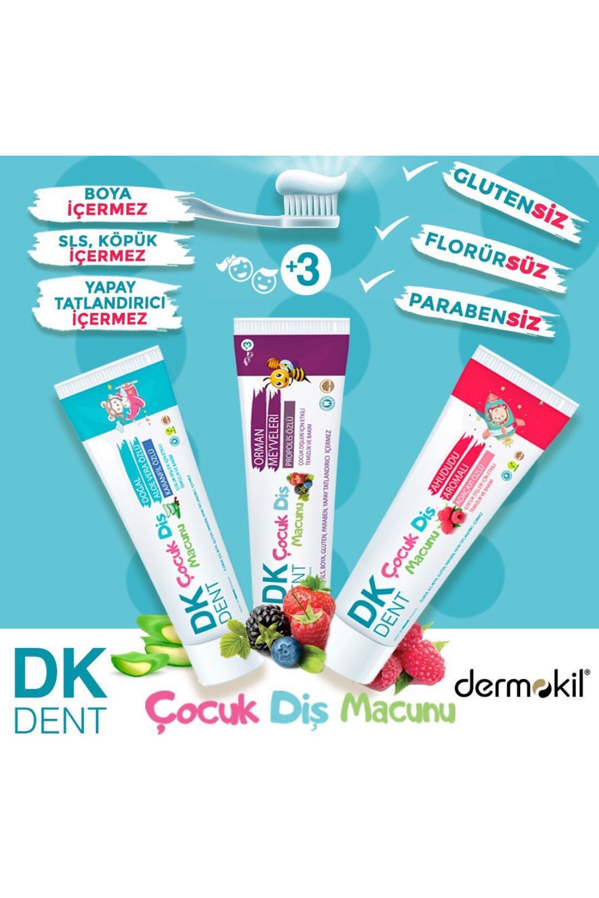 Dermokil Dk Dent 3’Lü Çocuk Diş Macunu Ahududu-Aloe Vera-Orman Meyveli