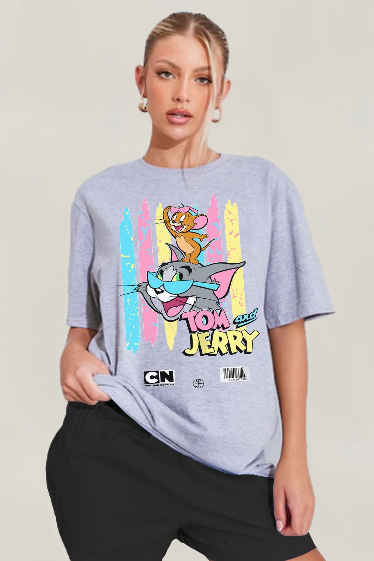 MODA Tom And Jerry Baskılı Oversize Kalıp Grimelanj Geniş Bol Kesim Kadın Tişört